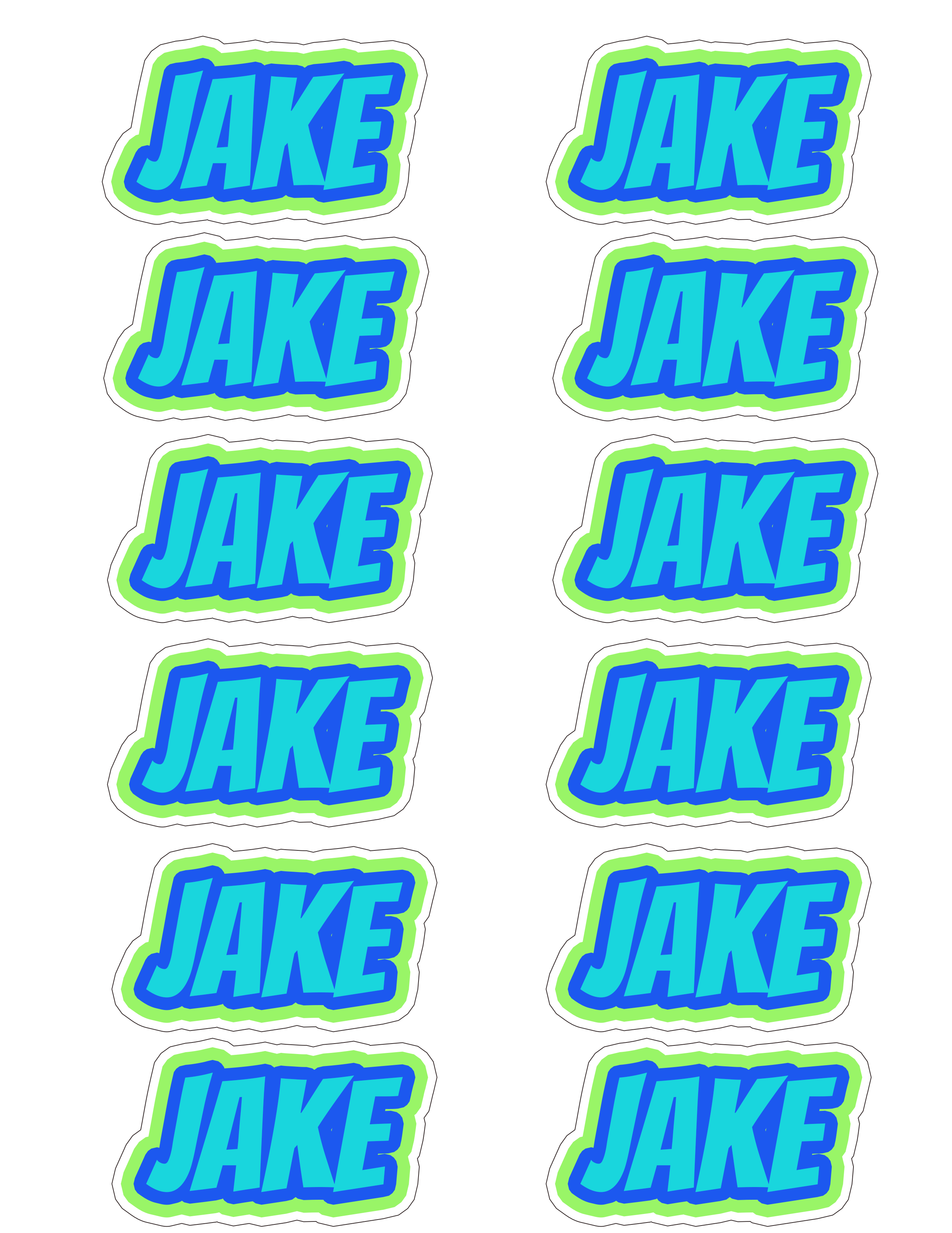 Jake Name Sticker Colourful Name Sticker Sheets (Set of 12)– Lootie Patootie